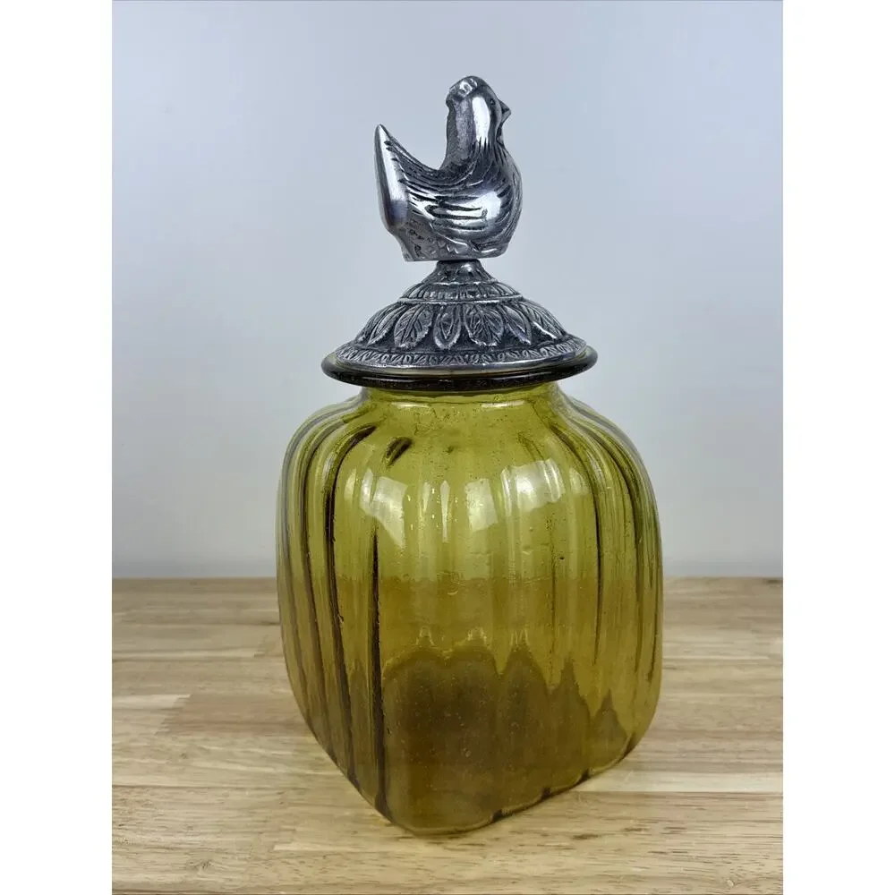 Vintage Amber Golden Yellow Glass Ribbed Canister With Pewter Rooster Top 12”